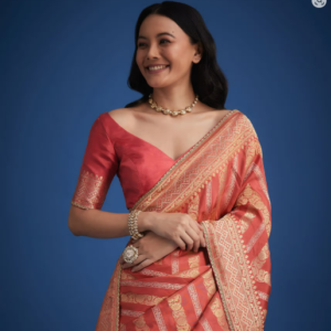 Peach Dola Silk Saree With Zari Work And Gota Patti Border