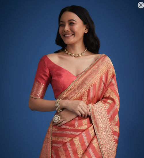 Peach Dola Silk Saree With Zari Work And Gota Patti Border