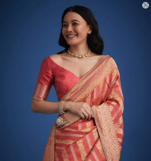 Peach Dola Silk Saree With Zari Work And Gota Patti Border