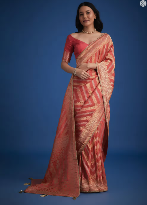 Peach Dola Silk Saree With Zari Work And Gota Patti Border